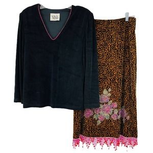 VTG 90s Y2K VeVe Dresses Velvet Leopard Outfit Top Skirt Beaded STRETCH Women 12